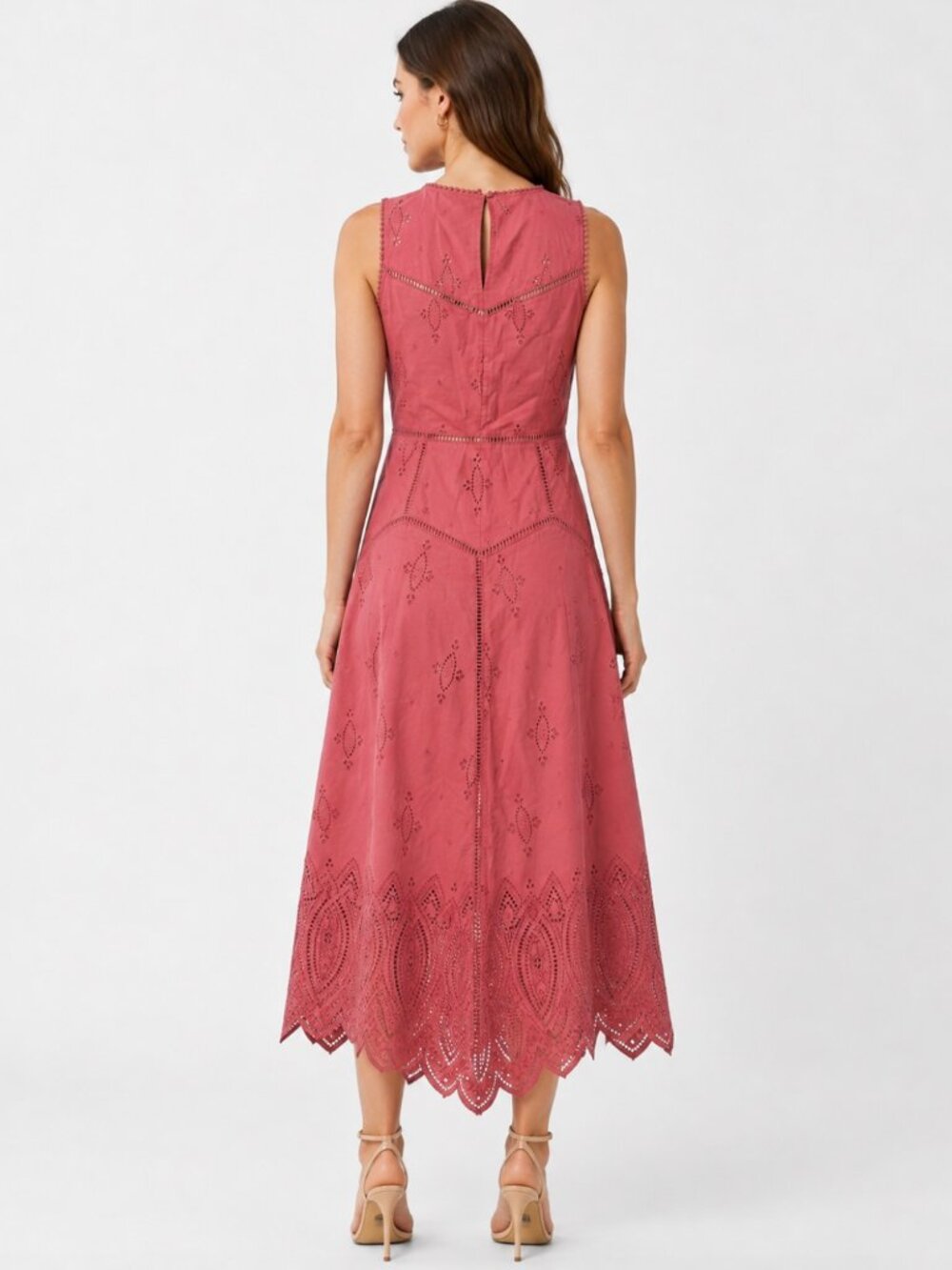 NWT $398 Joie Halone Eyelet Hi-Low Midi Dress Coral Pink Brunch Romantic Sz 4 - Picture 3 of 10